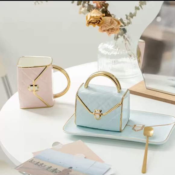 Light Blue Quilted Ceramic Purse Coffee Mug & Dish - Picture 4 of 7